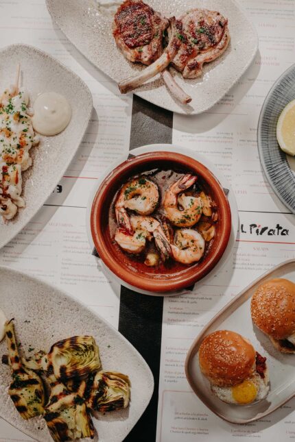 Casual dining evening menu Small plates tapas dishes served for group dining occasion in Mayfair.
